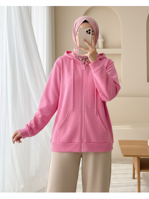 Hooded Zippered Pocketed Combed Cotton Sweater  -Pink