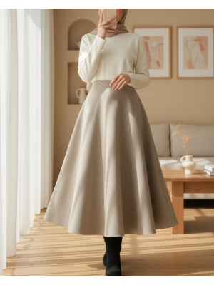 Fermuarlı Kaşe Çan Etek    -Bej