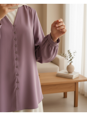 V Yaka Düğmeli Arkası Uzun Gömlek  -Vişne
