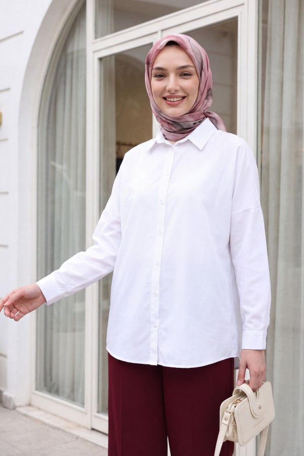 Boydan Düğmeli Gömlek -Beyaz