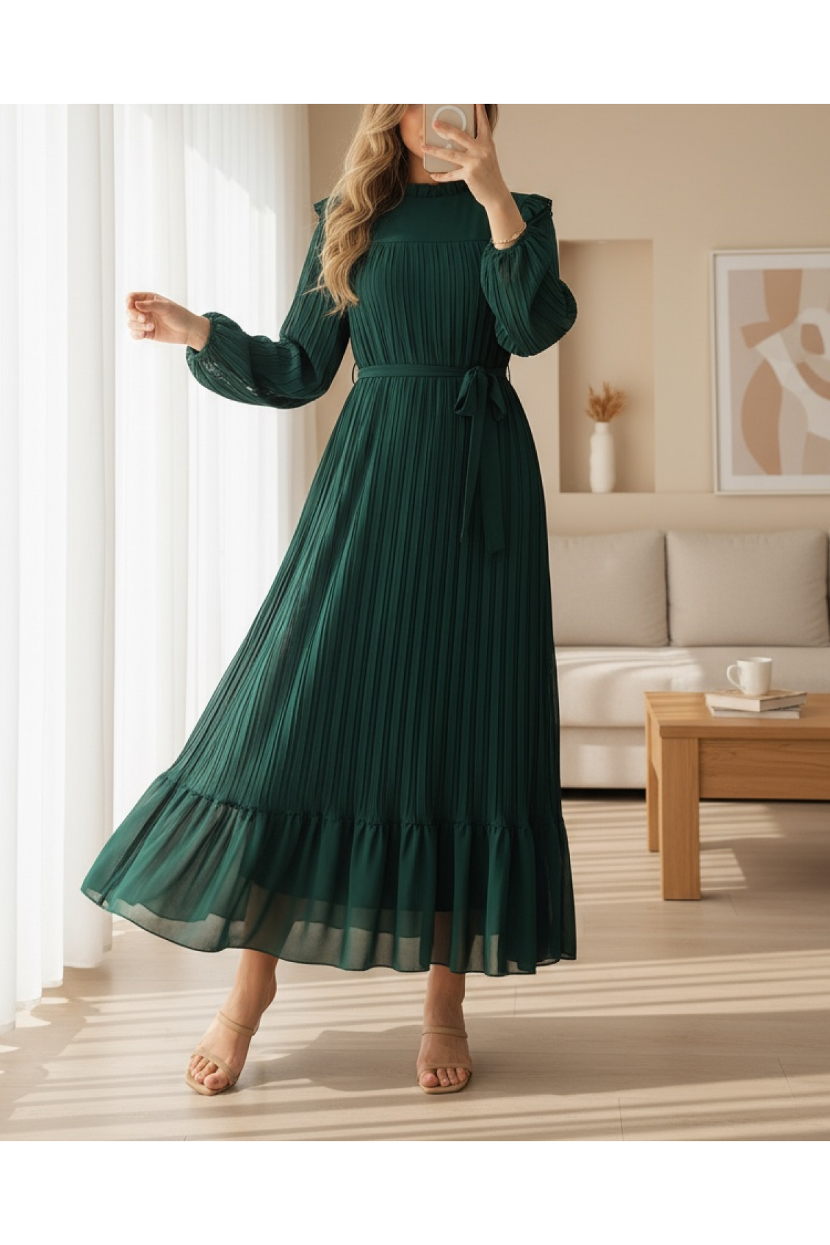 Front Robe Sleeves and Body Pleated Dress  -Emerald