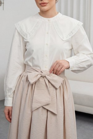 Bebe Yaka Dantel Detaylı Düğmeli Poplin Gömlek  -Ekru