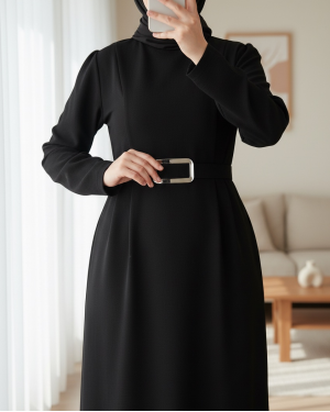 Karpuz Kol Tokalı Kemerli Elbise -Siyah
