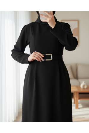 Karpuz Kol Tokalı Kemerli Elbise -Siyah