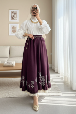 Lace Embroidered Elastic Waist Skirt -Damson