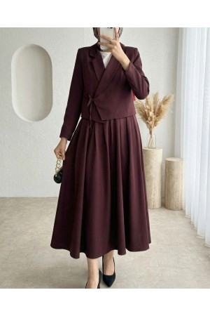 Önü Bağlamalı Etek Ceket İkili Takım -Mürdüm