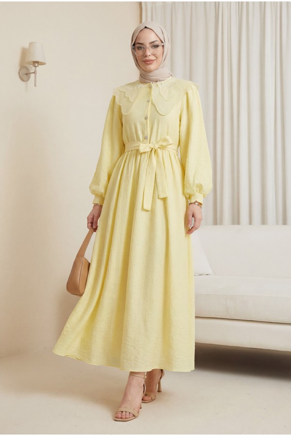 Organza Peter Pan Collar Crinkle Dress with Stone Buttons -Yellow