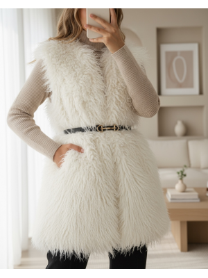 Fur Lined Vest with Belt and Side Pockets -White