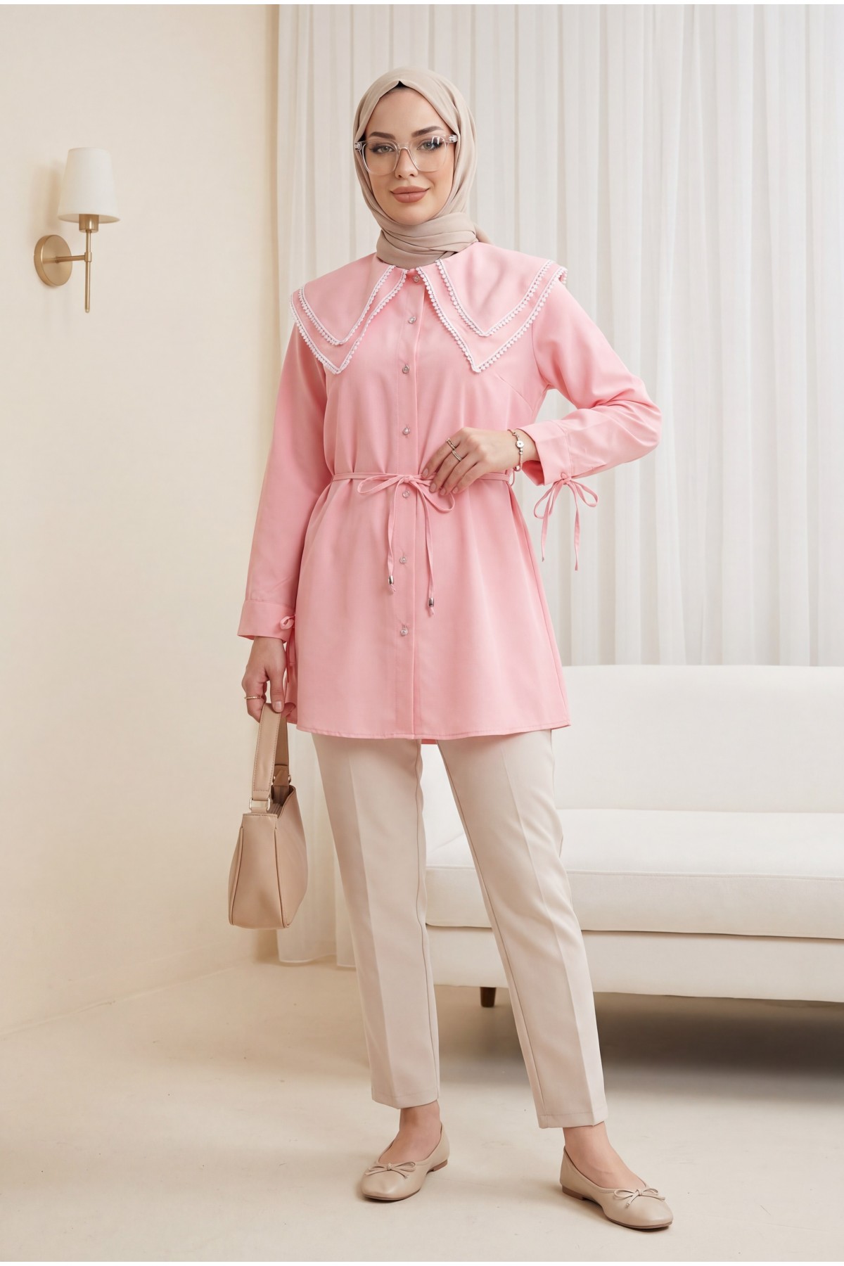 Poplin Tunic with Lace Neckline and Drawstring Waist and Sleeves -Pink