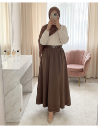 Etek Ucu Dikiş Detaylı Beli Lastikli Astarlı İthal Soft Gabardin Etek -Kahve