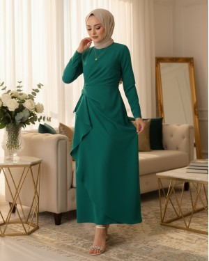 Önü Allerli Eteği Asimetrik Krep Elbise  -Zümrüt