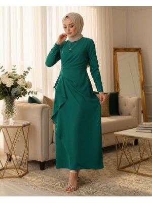 Önü Allerli Eteği Asimetrik Krep Elbise  -Zümrüt