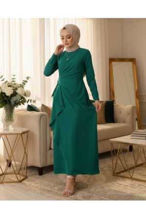 Asymmetrical Crepe Dress with Front Allery Skirt  -Emerald