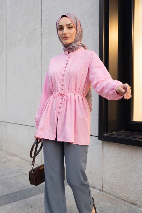 Poplin Shirt with Belted, Elasticated Cuffs, Button Front, and Fold Detail  -Pink