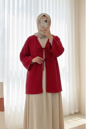 Honeycomb Pattern Kimono with Double Lace Front -Red