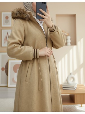 Kapşonlu Beli Lastikli Cepli Kaşe Kaban -Vizon