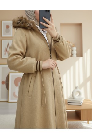 Kapşonlu Beli Lastikli Cepli Kaşe Kaban -Vizon