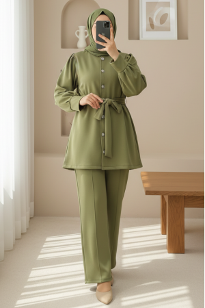 Beli Kemerli Önü Düğmeli Pantolonlu Scuba Takım  -Haki