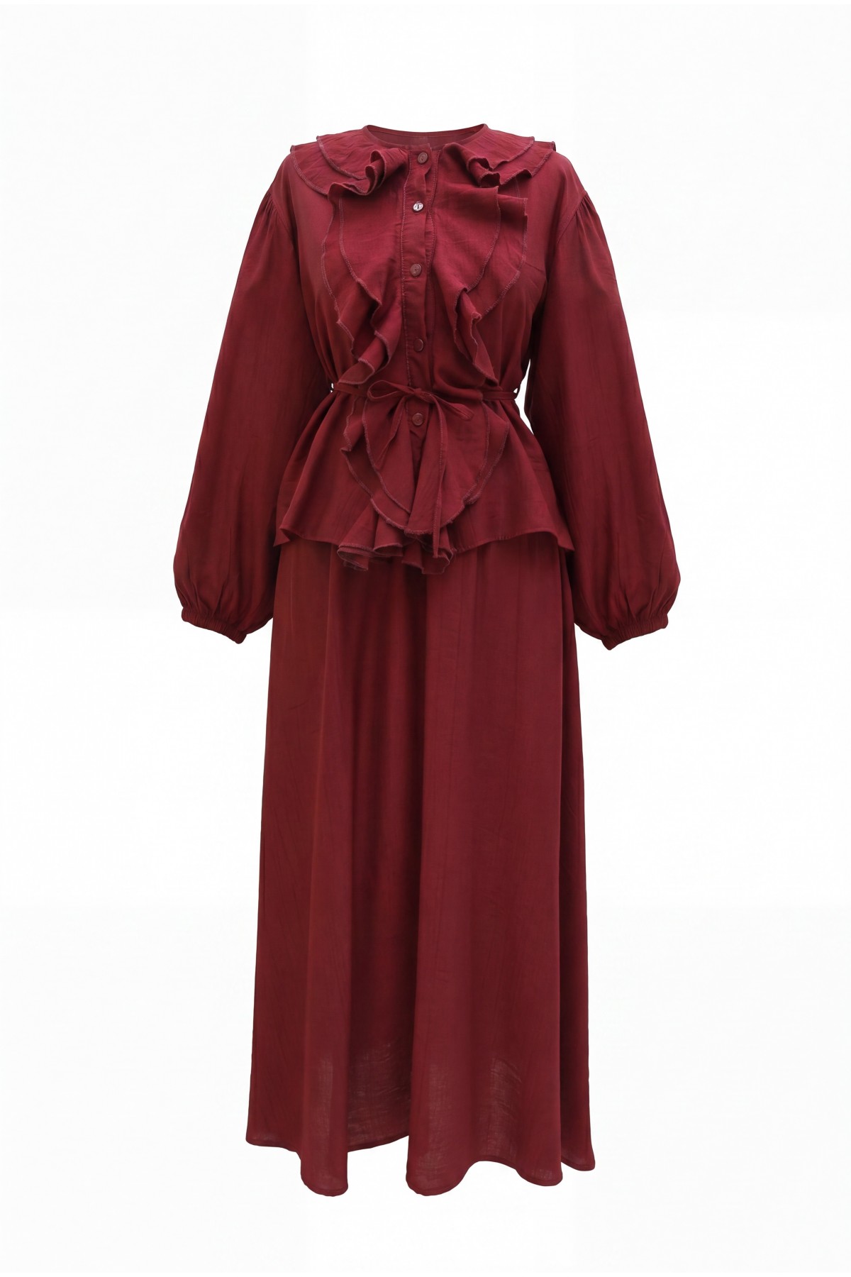 Strawberry Style Skirt Set with Ruffled Front, Elasticated Sleeves, and Belted Waist -Maroon