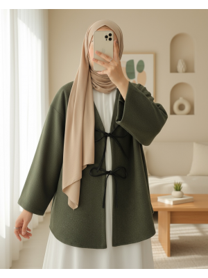 Önü Bağcıklı Oval Kesim Kaşe Kimono     -Haki