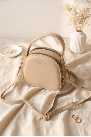 Minimalist Yuvarlak Hatlı Çift Fermuarlı Çapraz Çanta -Vizon