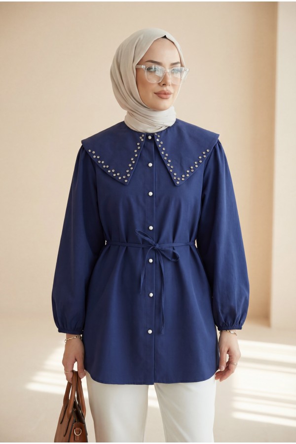 Wide Collar Shirt with Stone Embellished Collar, Elasticated Sleeves, Button Closure and Drawstring -Navy blue