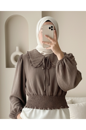 Beli Lastikli Bebe Yaka Uzun Kol Bluz  -Kahve