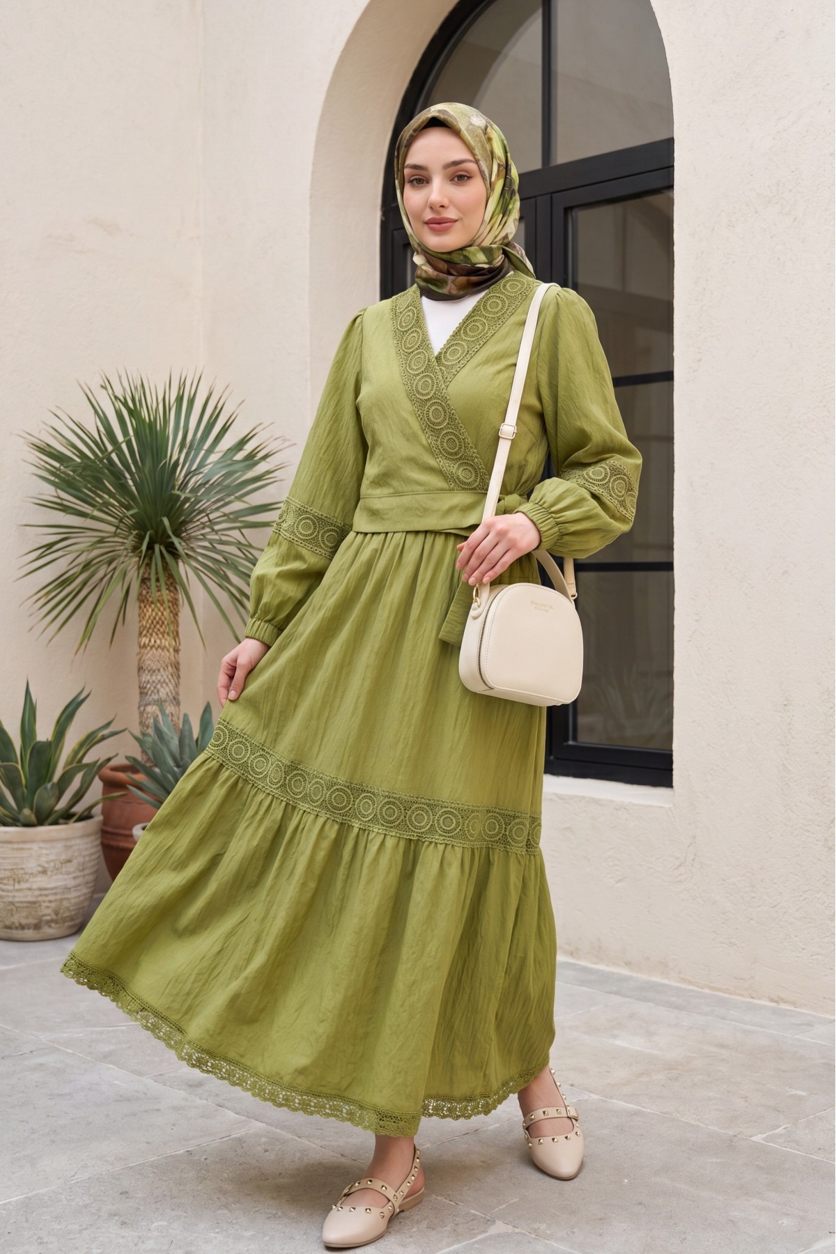 Lace Detailed Tied Elastic Sleeve Knit Skirt Suit -Olive