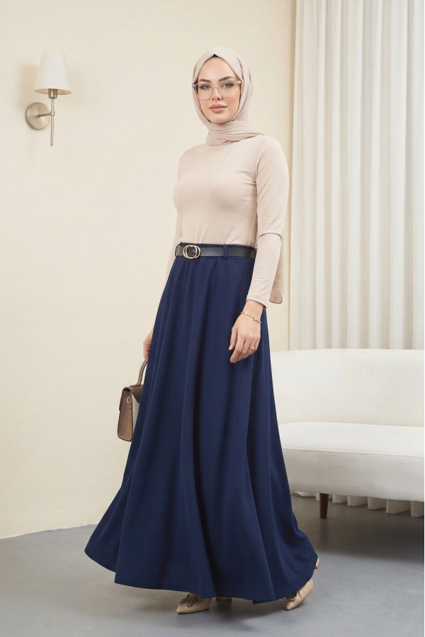 Beli Lastikli Kemerli  Salaş Oyşo Etek -Navy blue