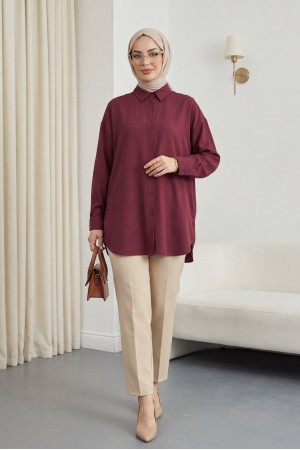 Düğmeli Salaş Viskon Gömlek -Bordo