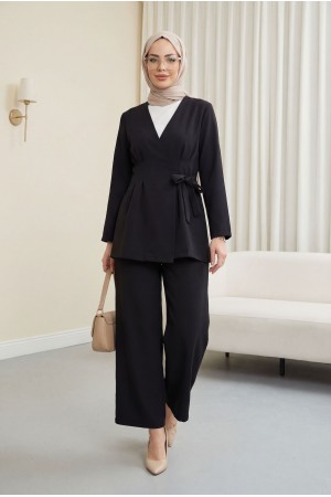 Imported Crepe Set with Dart Detail and Cross-Face Trousers -Black