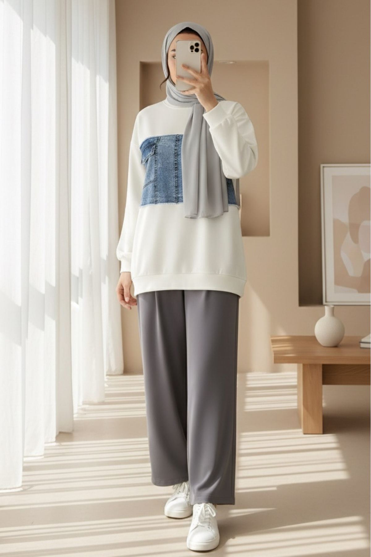 Round  Neck Front Denim Pocket Detailed Sweater -White