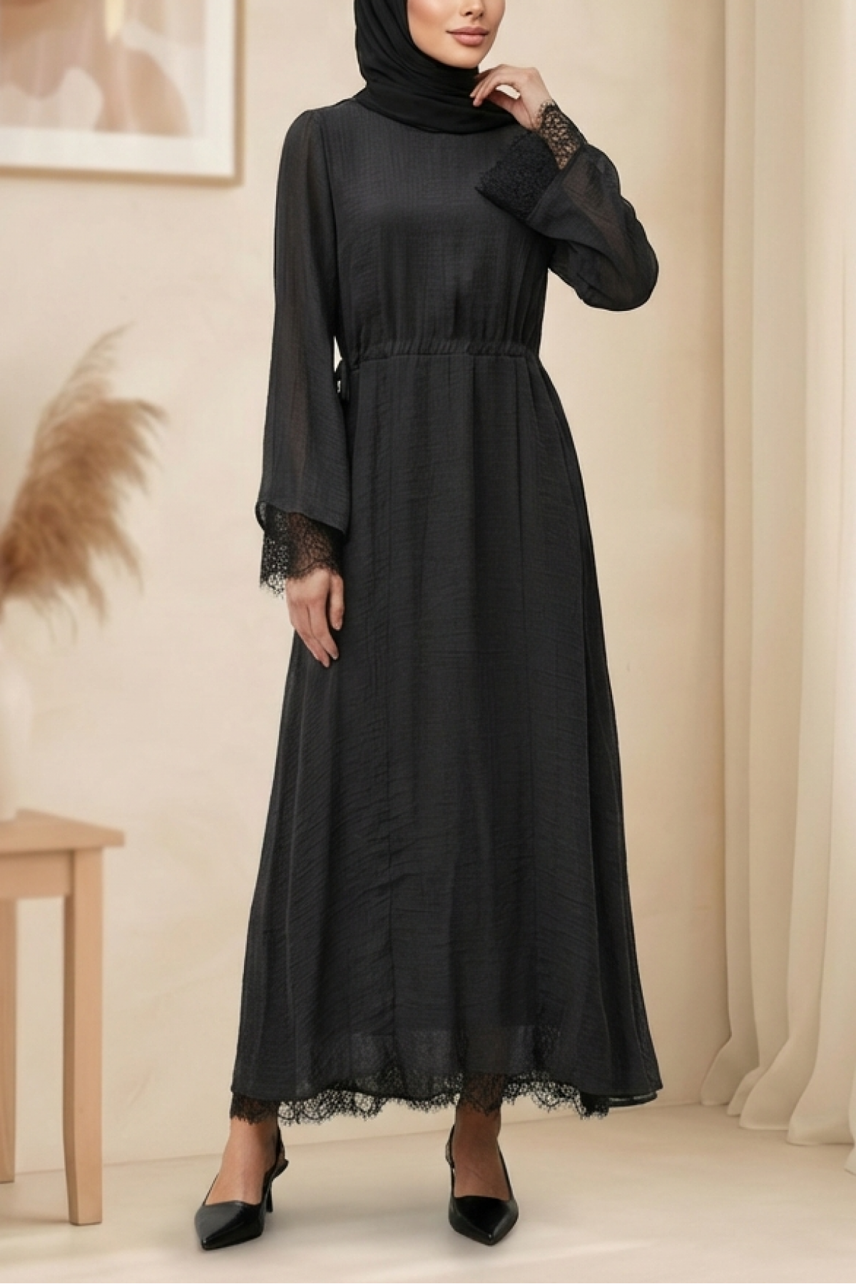Women's Long Dress with Lace Detail and Waist Tie