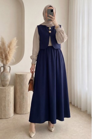 Beli Lastikli Yarım Düğmeli Zra Cupra Yelek Elbise Takım -Laci