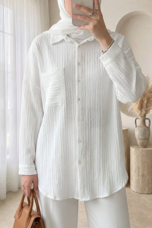 Tek Cepli Çizgi Desen Krinkıl Gömlek -Beyaz