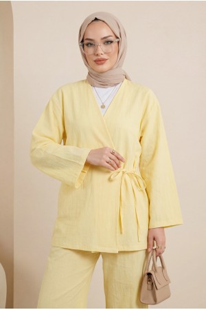 Önden Bağlamalı Pantolonlu Kimono Takım         -Açık Sarı