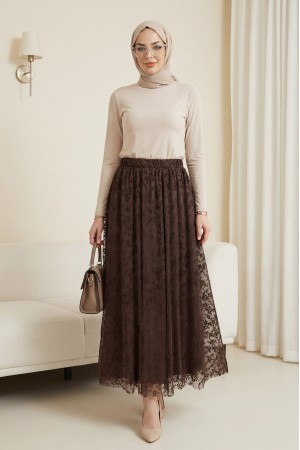 Beli Lastikli Flog Baskılı Astarlı Tül Etek -K. Kahve