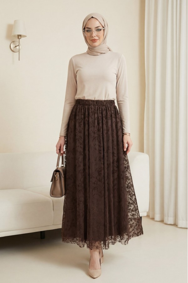 Elasticated Waist Flog Print Lined Tulle Skirt -Dark Coffee