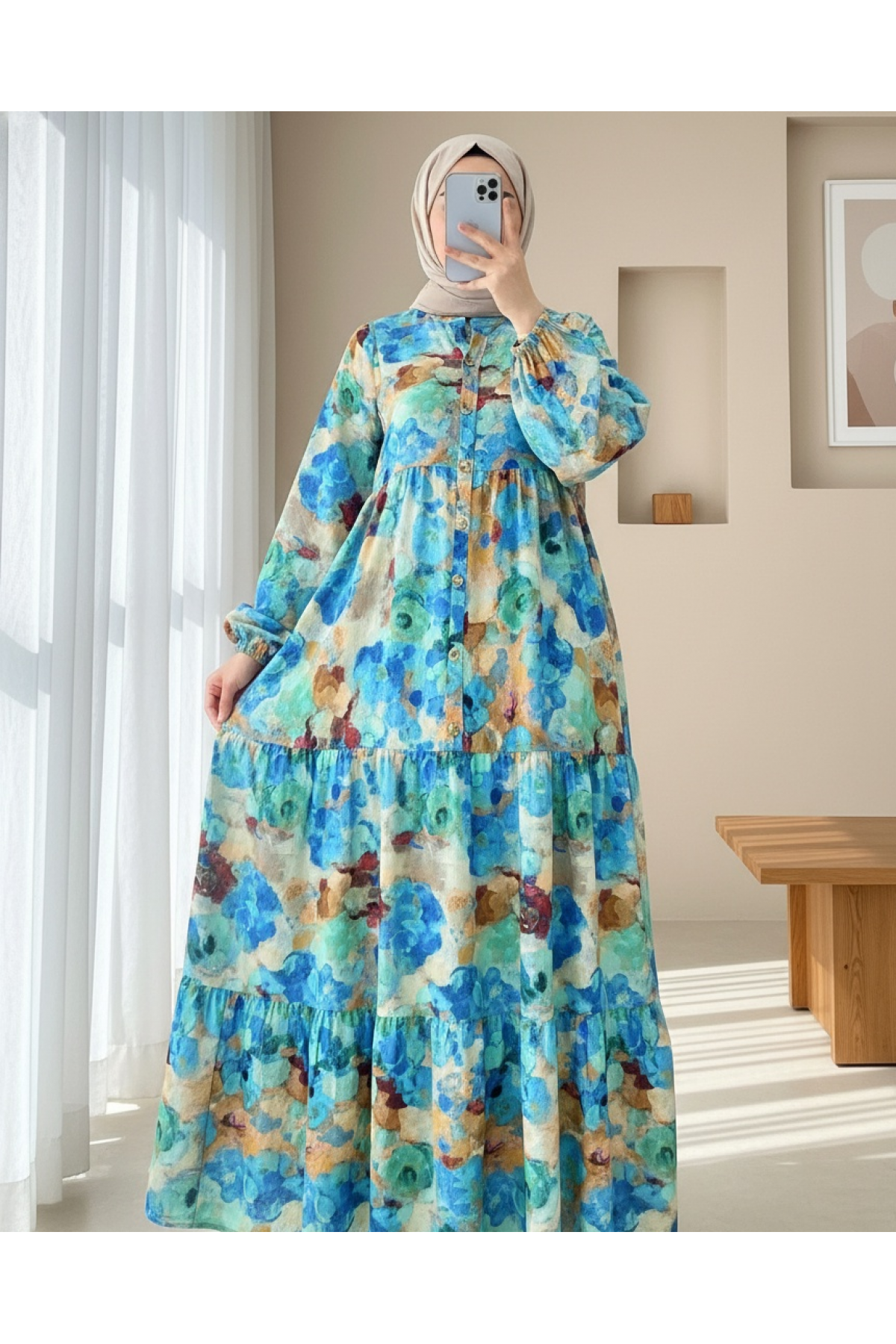 Mixed Pattern Half Buttoned Elastic Sleeve Dress -Blue