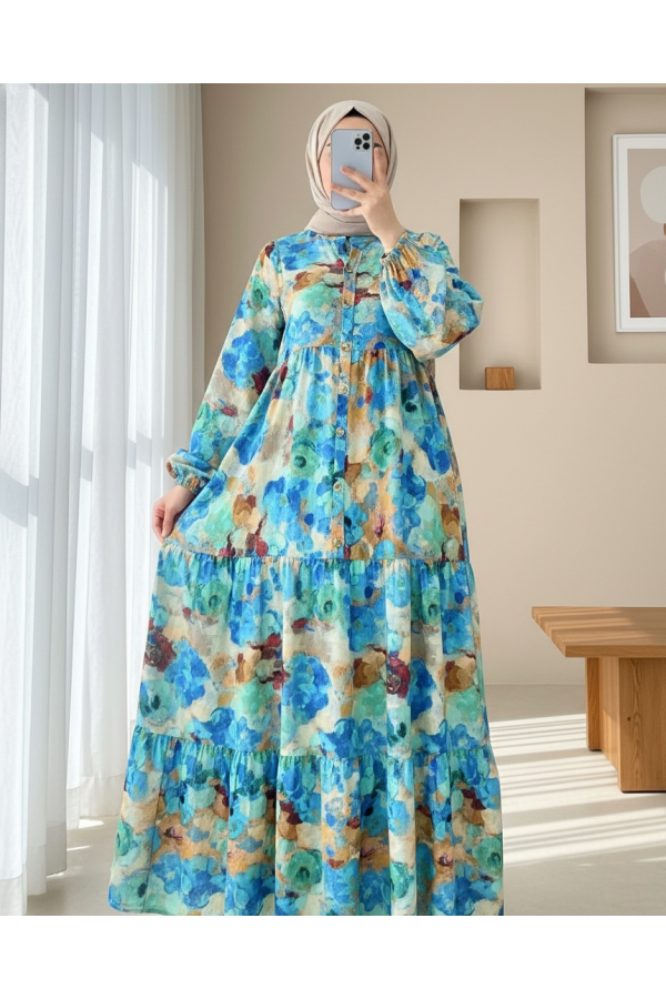 Mixed Pattern Half Buttoned Elastic Sleeve Dress -Blue