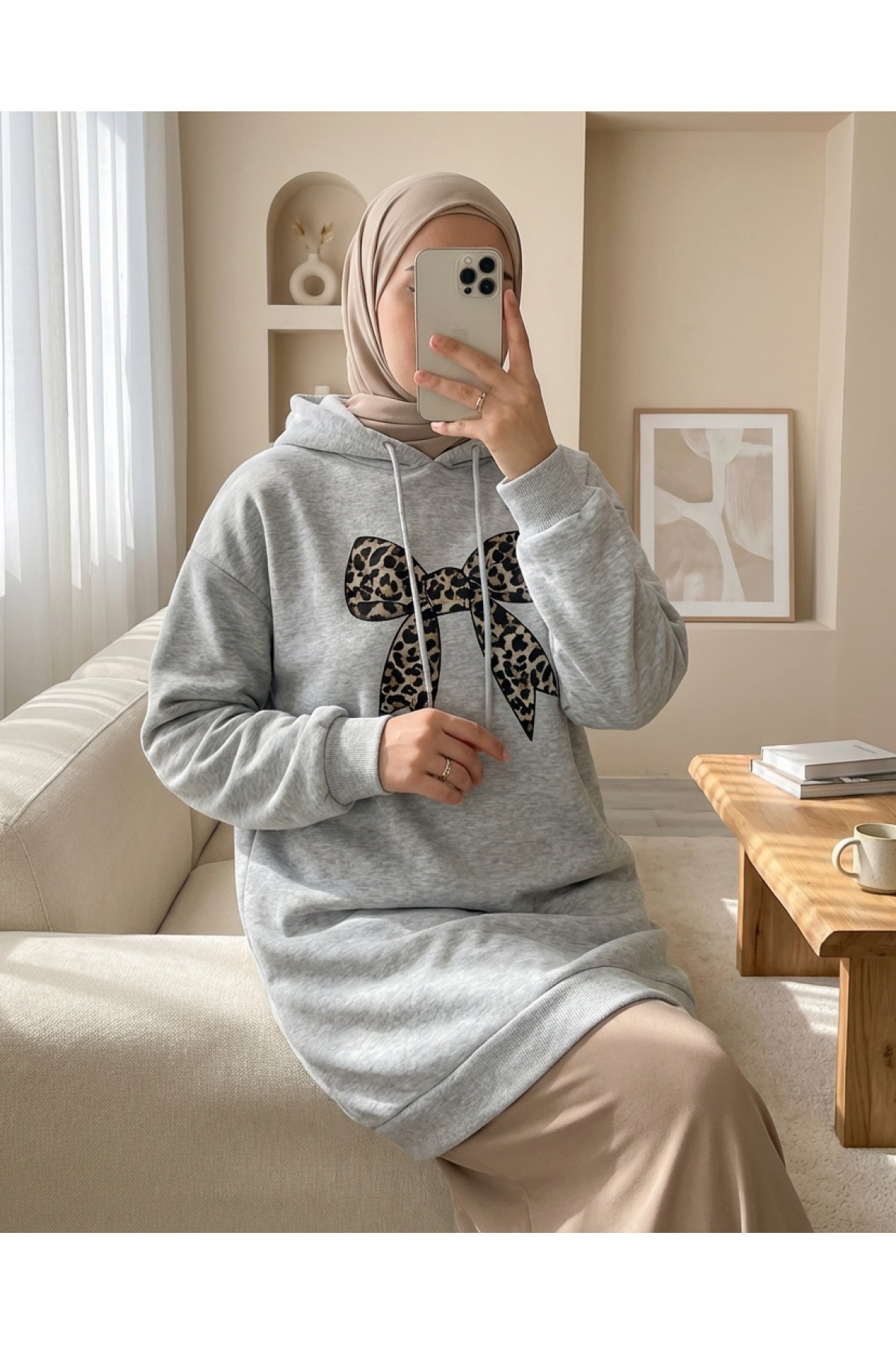 Bow Detailed Hooded Cotton Sweater  - Light grey