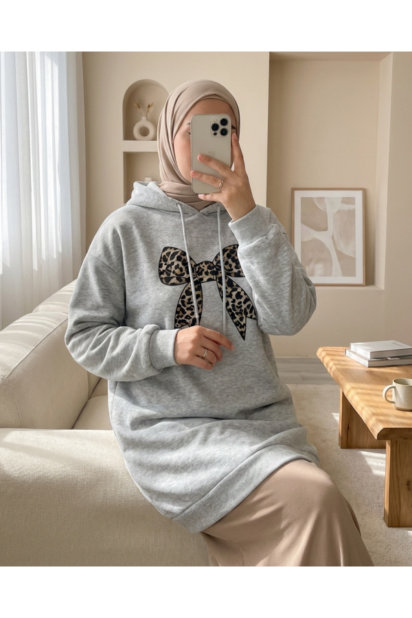 Bow Detailed Hooded Cotton Sweater  - Light grey