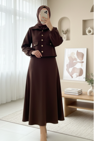 Cep Detaylı Düğmeli Etekli Scuba Takım  -Kahve