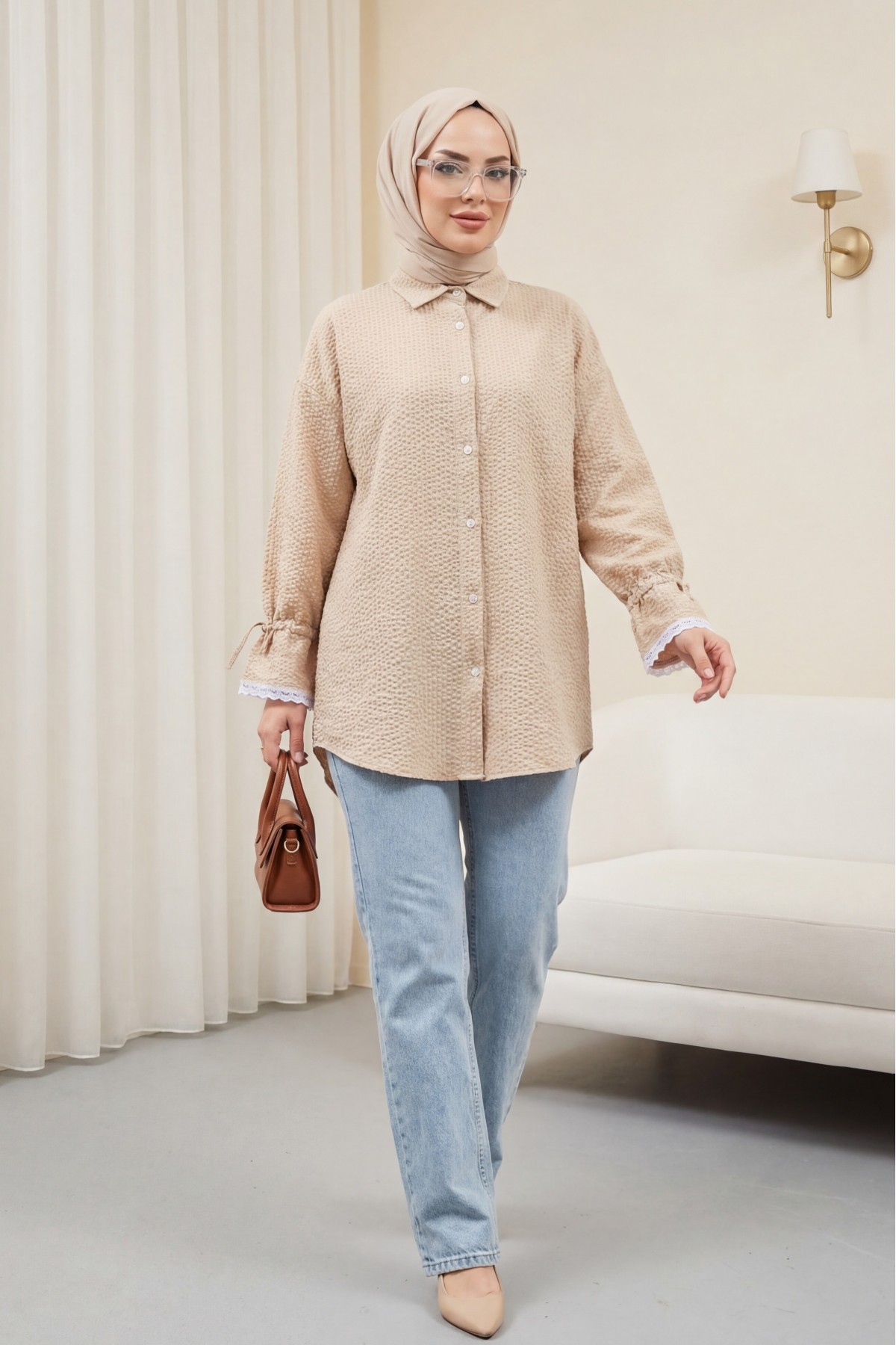 Wrapped Shirt with Gathered Sleeves and Scallops   -Mink color