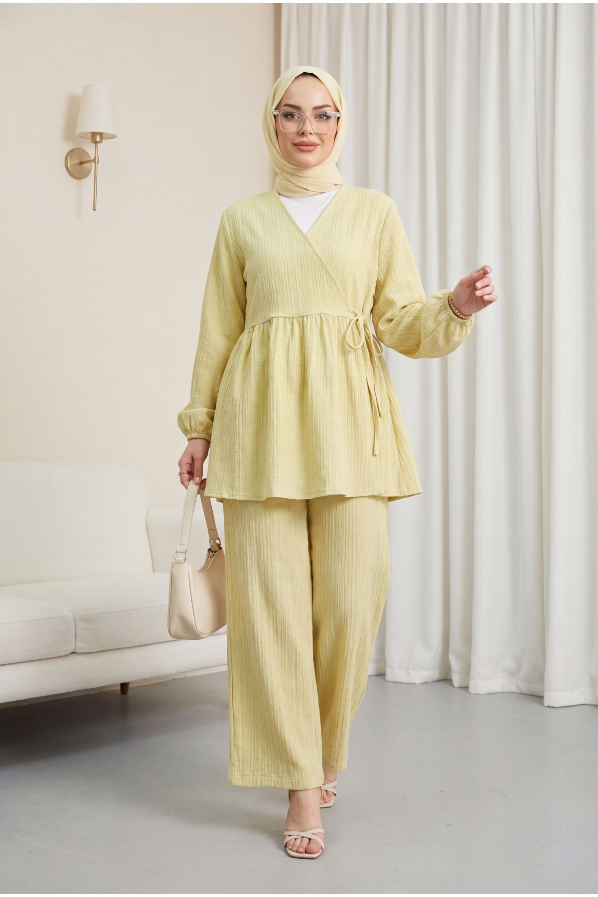 Internally Tied Tunic and Wide Leg Trousers Set -Oil Green