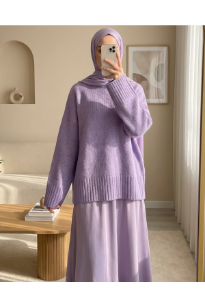 Crew Neck Skirted Ribbed Casual Knitwear Sweater            -Lilac