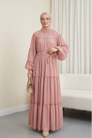 فستان شيفون مبطن بياقة دائرية وأكمام واسعة -بودرة