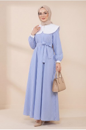Bebe Yaka Çizgili Beli Lastikli Uzun Elbise  -Mavi