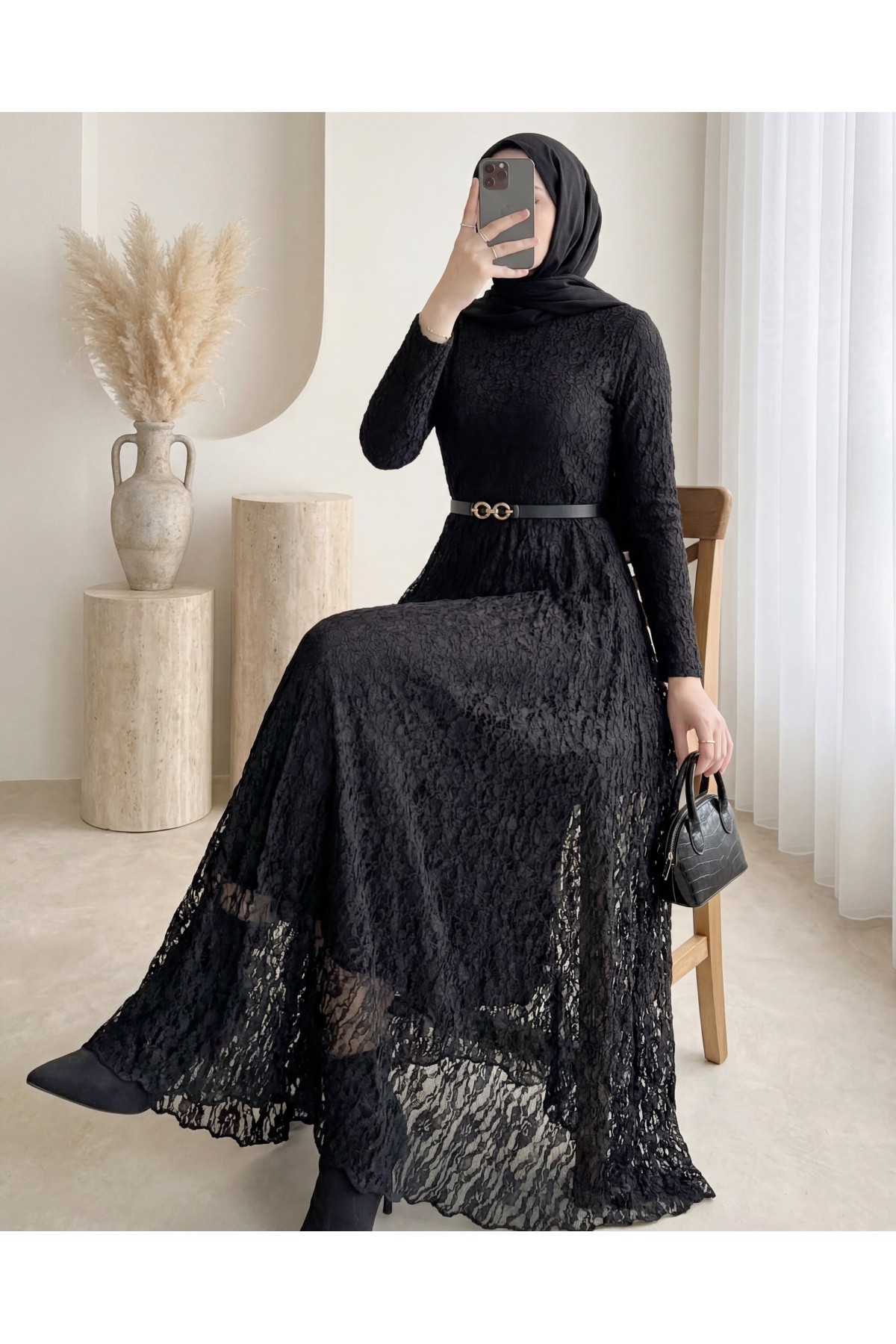 Belted Lined Guipure Lace Dress -Black