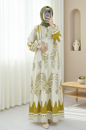 Dik Yaka Yarım Düğmeli Yaprak Desen Elbise -Krem